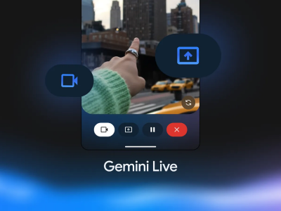 Imagem oficial do Gemini Live com interface móvel, câmera e compartilhamento de tela.