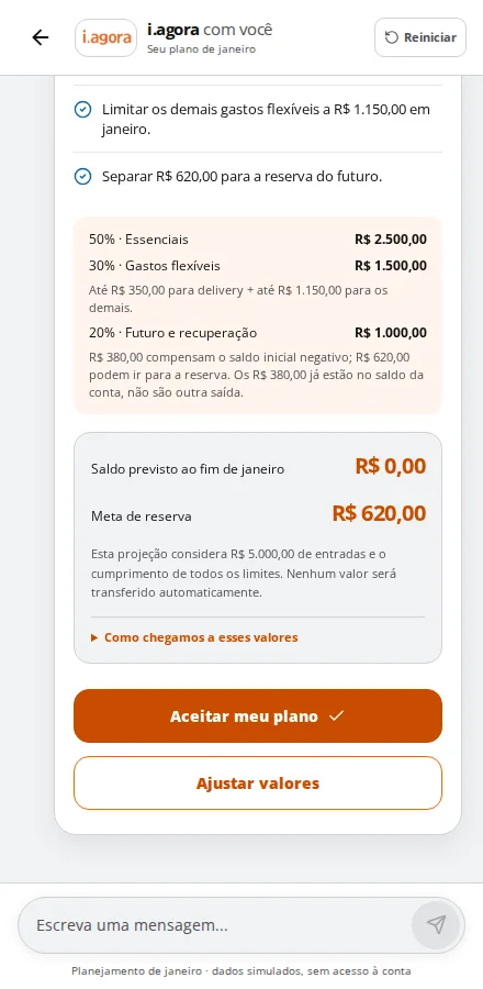 i.agora proposed January values, including a projected R$620 reserve, with controls to accept the plan or adjust values
