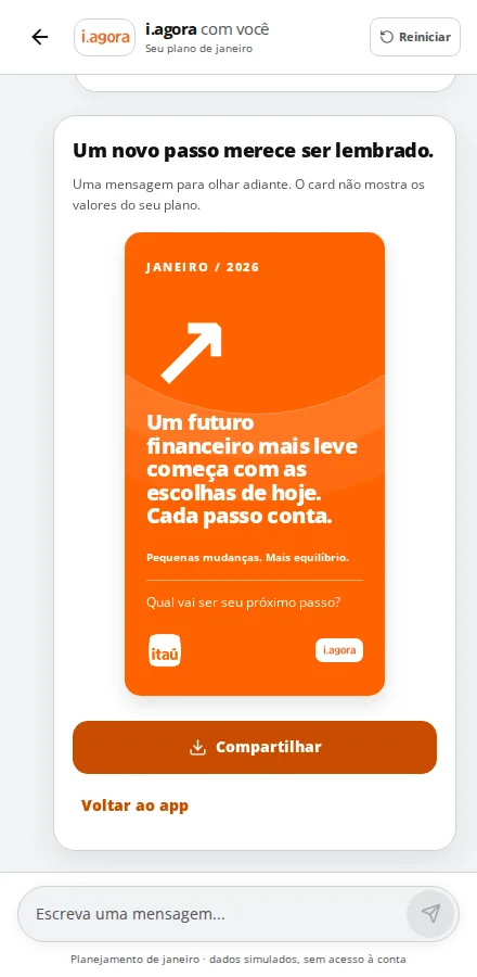 Optional i.agora share card shown after Maria accepts the plan; it contains an encouraging message but no financial values