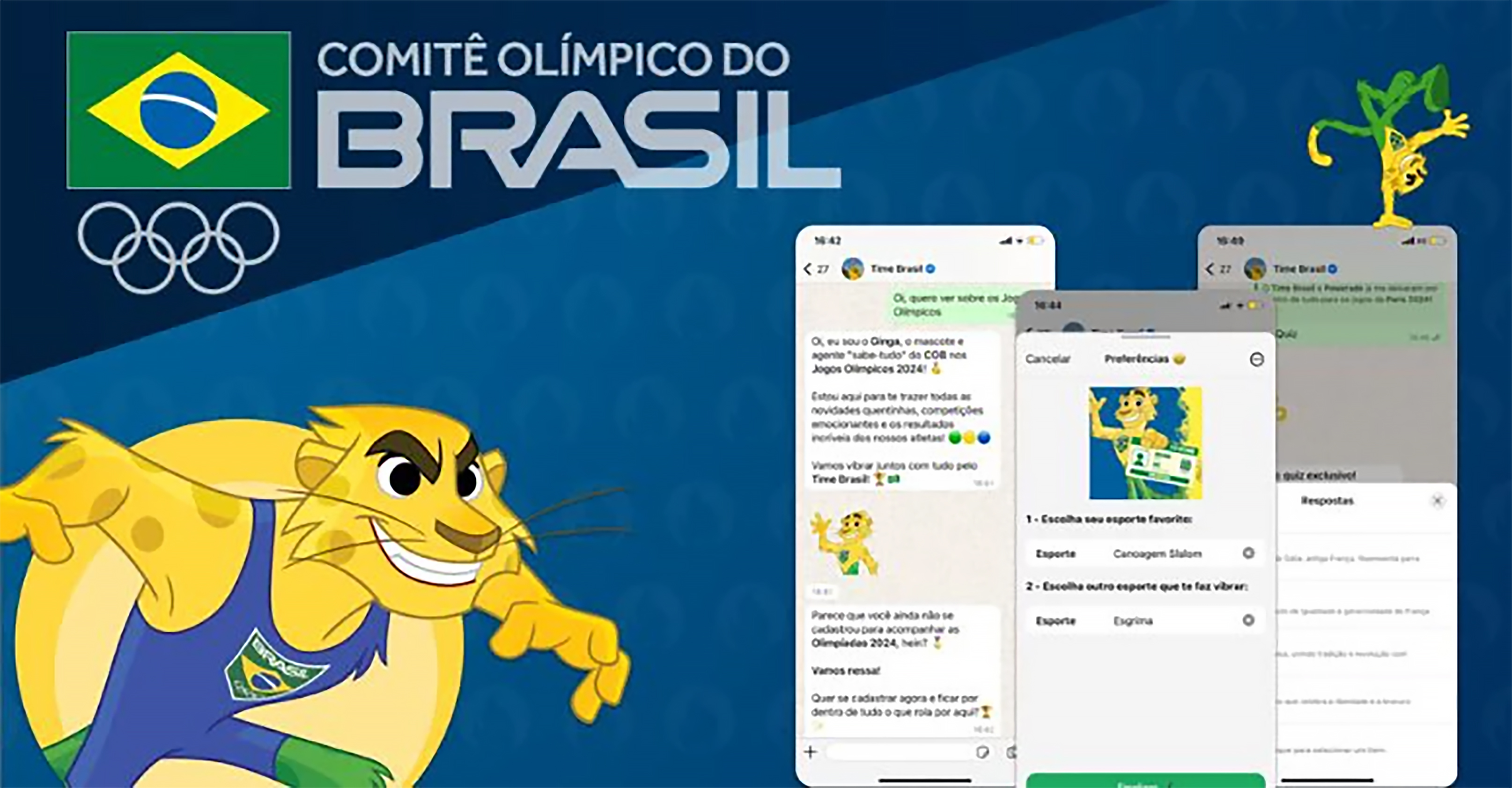 Time Brasil WhatsApp experience visual identity featuring Brazilian Olympic athletes