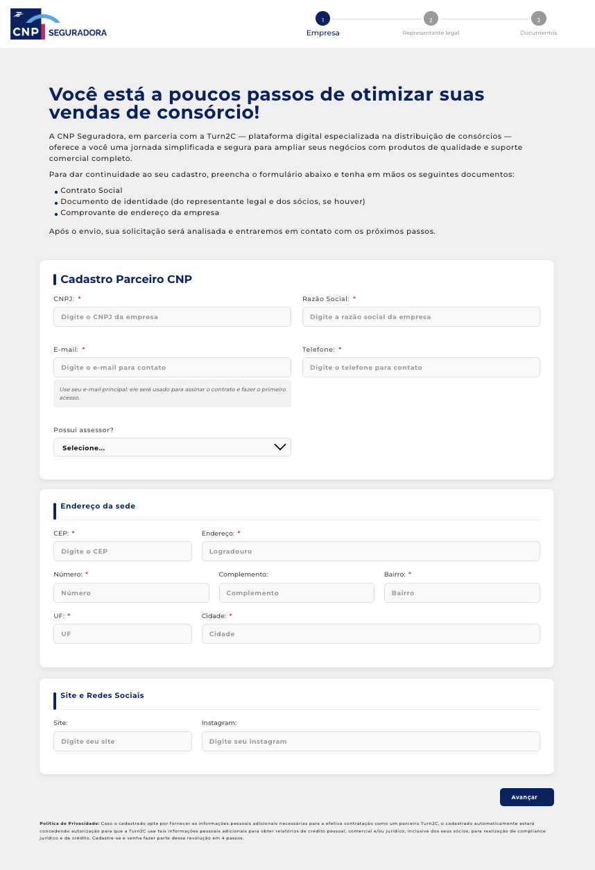 Desktop screen of the previous CNP Seguradora partner registration experience with Turn2C, showing an extensive first step with company data, contact info, address, website, social media and upfront document submission guidance.