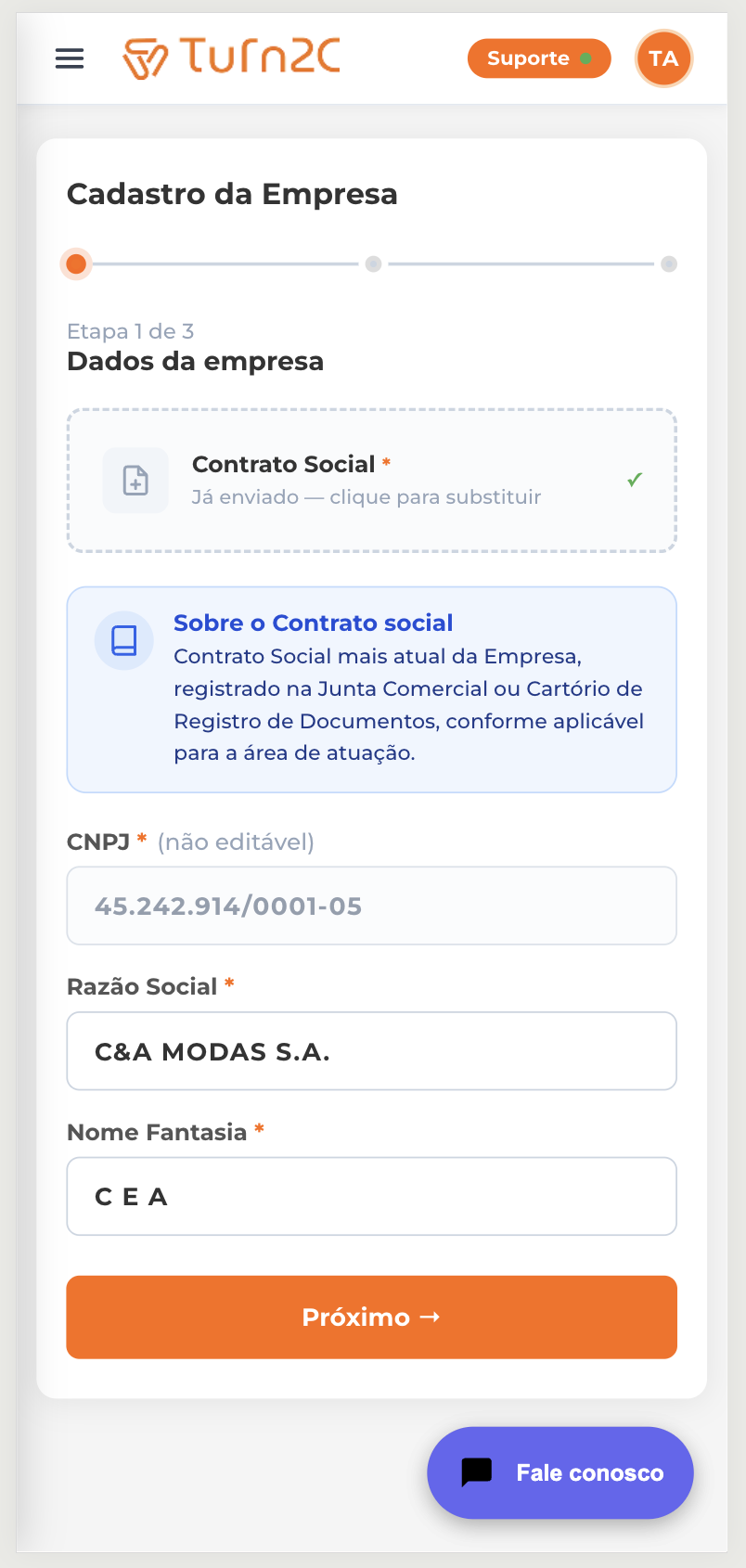 Real mobile company registration screen: articles of incorporation already uploaded with a checkmark, document guidance, pre-filled and non-editable tax ID (CNPJ), Company Name and Trade Name auto-filled