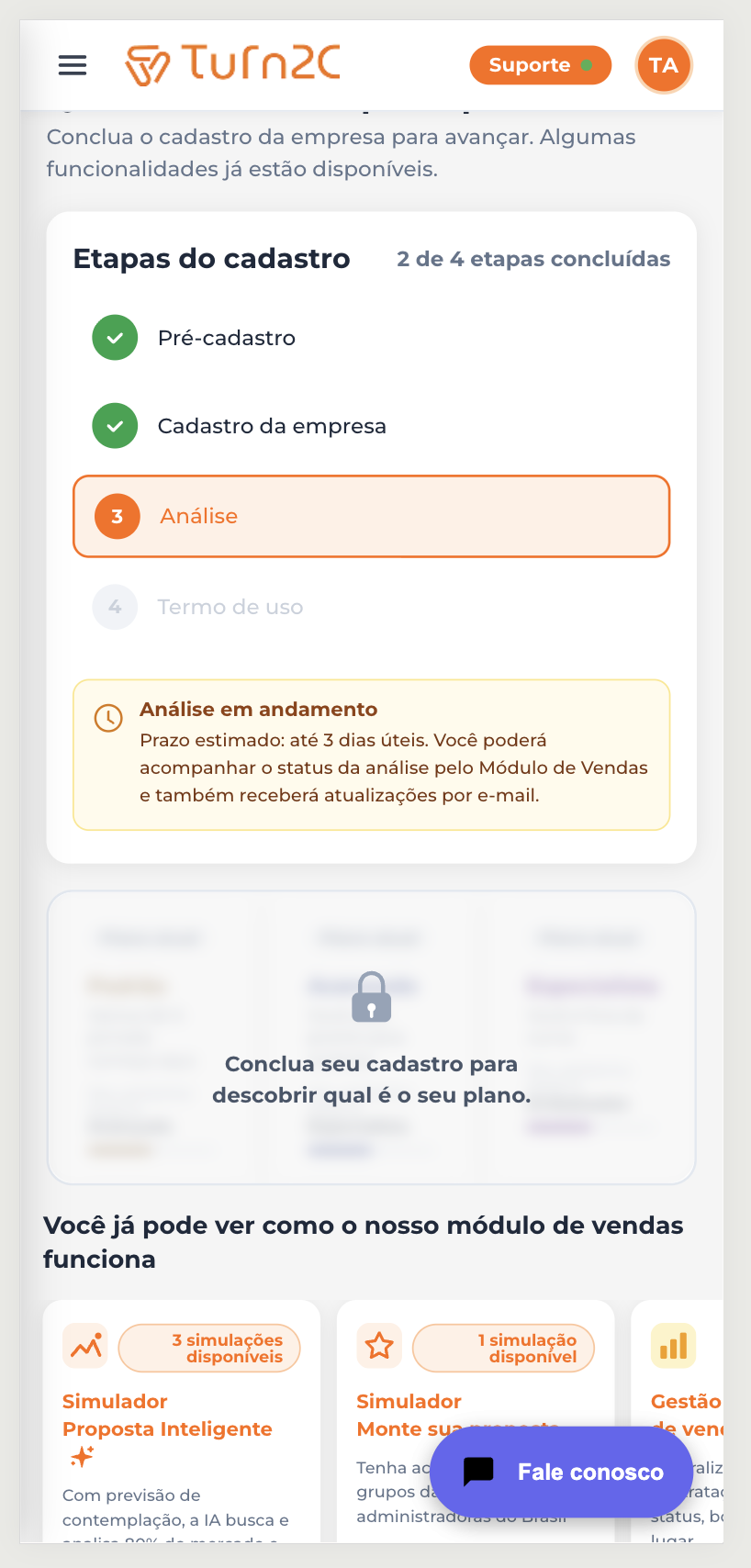 Real mobile home screen with analysis in progress: Pre-registration and Company registration complete, step 3 Analysis active, estimated deadline notice of up to 3 business days and product modules unlocked for exploration