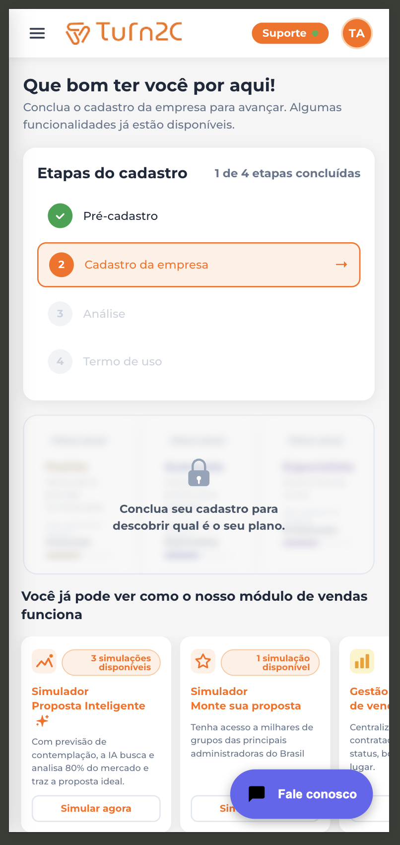 Real mobile home screen after pre-registration: 'Great to have you here!' welcome message, 4-step ruler with Pre-registration complete and Company registration as the next step, and sales modules available in demonstration mode