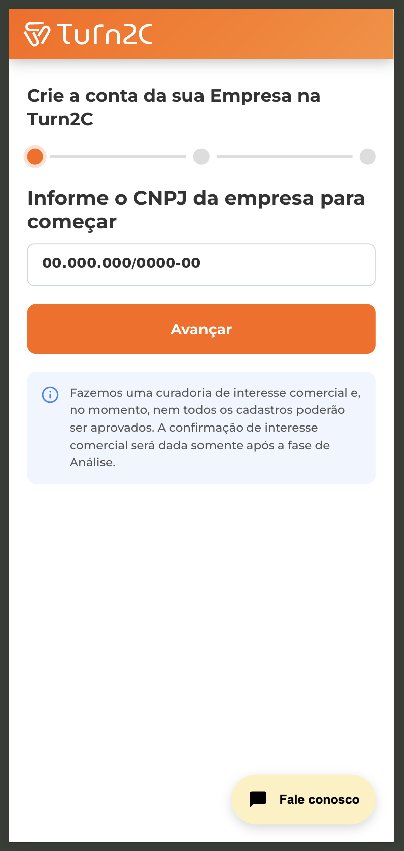 Real mobile screen of the B2B pre-registration: CNPJ field as the only initial data point, orange Turn2C header, 3-step progress bar and a note about commercial interest curation