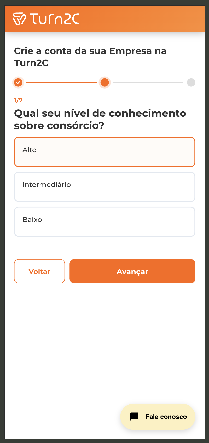 Real mobile screening screen: question 1 of 7 about consortium knowledge level, with High, Intermediate and Low options on selectable cards