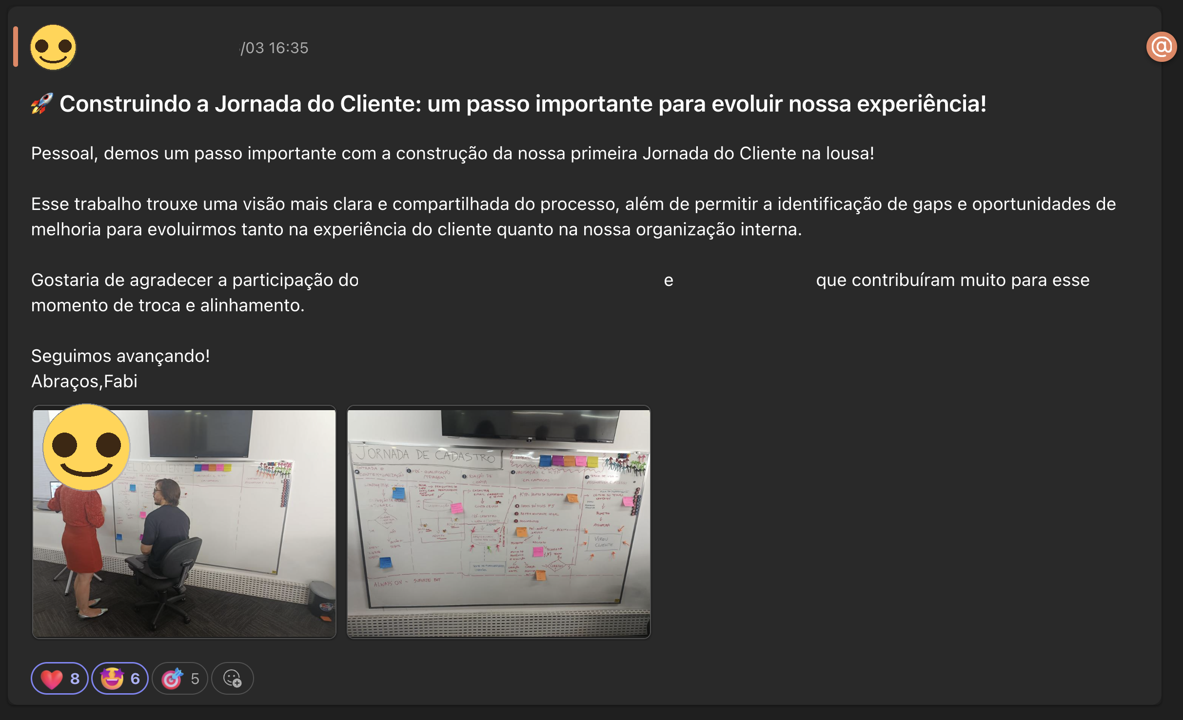 Partially redacted internal post showing collaborators building a shared customer journey on a physical UX Wall